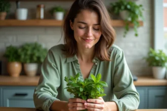 Femme comparant feuilles de menthe et spearmint dans la cuisine
