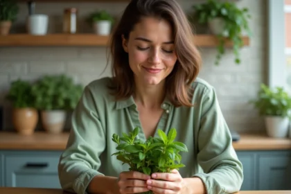Femme comparant feuilles de menthe et spearmint dans la cuisine