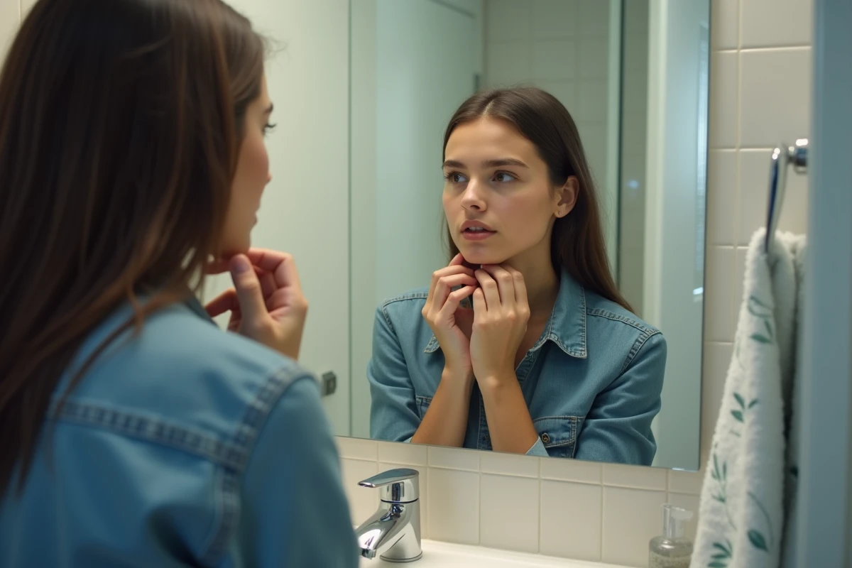 Jeune femme se regardant dans le miroir de la salle de bain