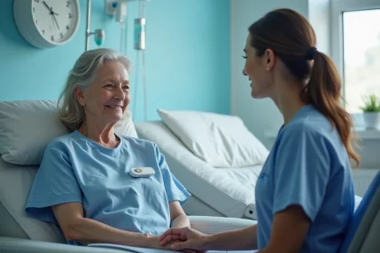 Femme en consultation avec une infirmière en oncologie