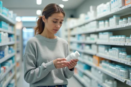 Femme en pharmacie examinant un complément minceur avec un regard sceptique