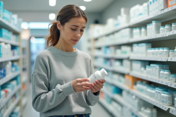 Femme en pharmacie examinant un complément minceur avec un regard sceptique