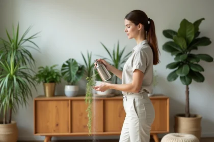Femme arrosant des plantes vertes dans un salon lumineux