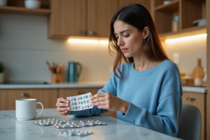 Femme dans la cuisine ouvre une boîte de médicaments