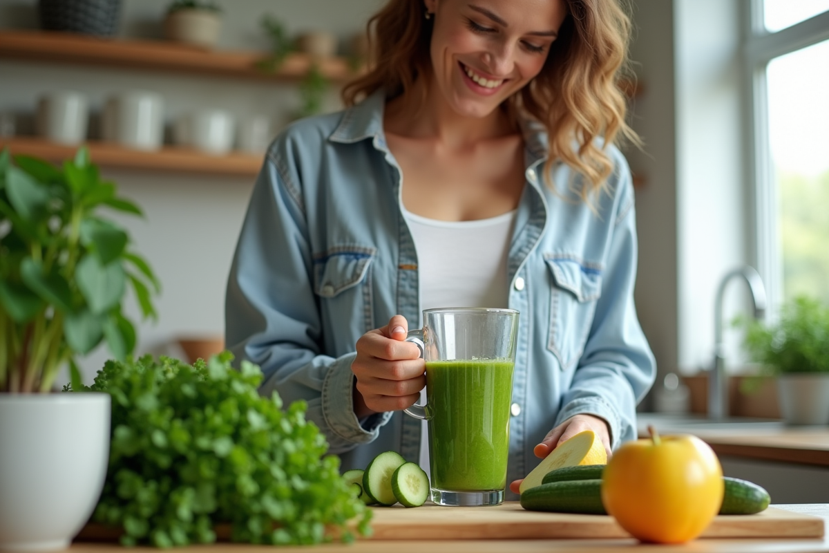 Femme souriante préparant un smoothie vert dans la cuisine