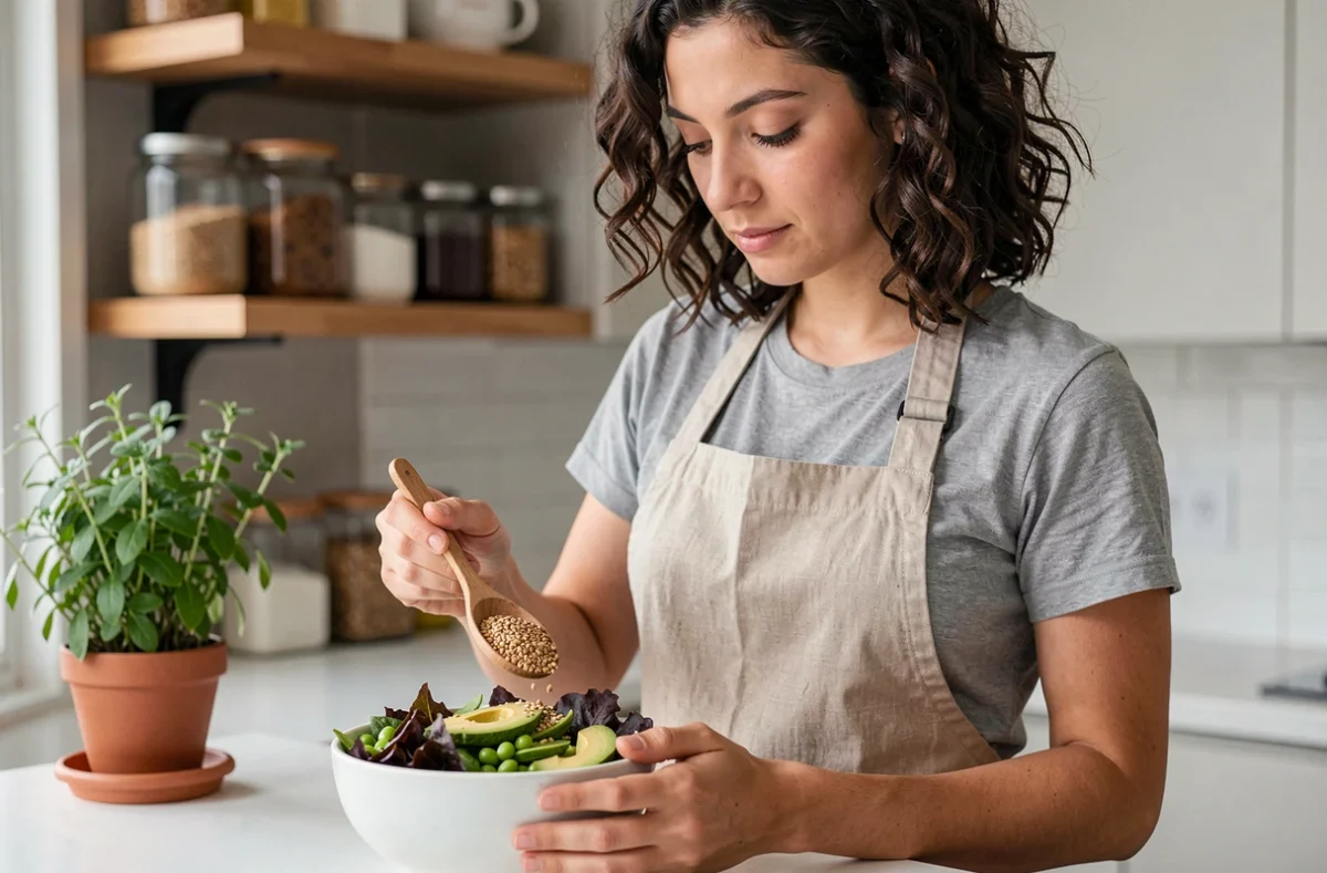 Jeune femme préparant une salade riche en oméga-3 avec des graines de chanvre, avocat et edamame dans une cuisine moderne
