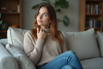 Jeune femme en intérieur touchant sa gorge dans un salon moderne