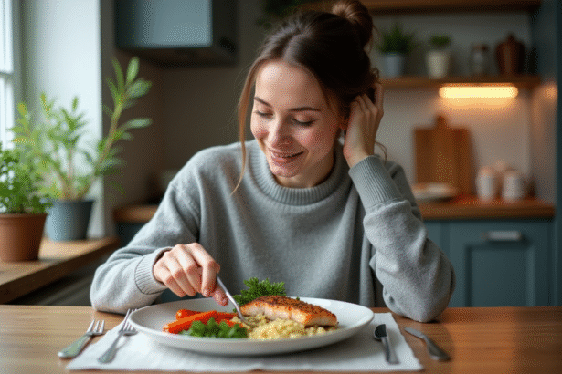 Femme souriante servant un repas sain à la maison