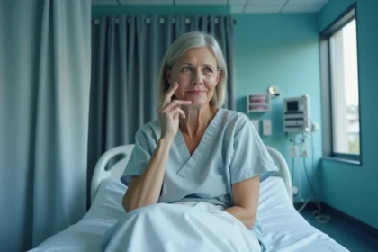 Femme d'âge moyen en blouse d'hôpital assise sur un lit