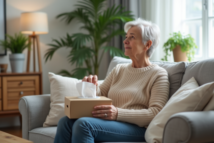 Femme d'âge moyen assise sur un sofa confortable avec un mouchoir
