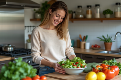 Femme préparant une salade colorée dans une cuisine moderne