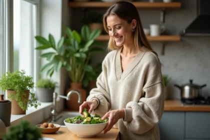 Femme en sweater oatmeal préparant une salade fraîche