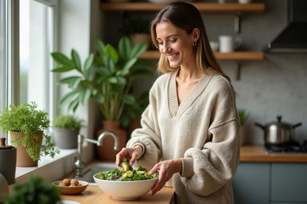 Femme en sweater oatmeal préparant une salade fraîche