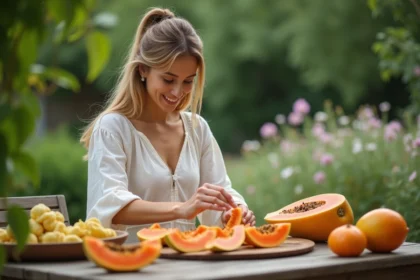 Femme souriante préparant une salade de fruits tropicaux en extérieur