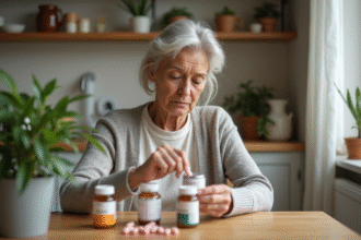 Femme senior lisant étiquettes de vitamines dans la cuisine