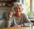 Femme senior souriante tenant une capsule de vitamine E à la cuisine