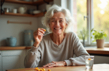 Femme senior souriante tenant une capsule de vitamine E à la cuisine