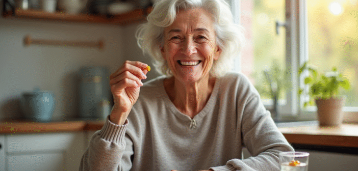 Femme senior souriante tenant une capsule de vitamine E à la cuisine