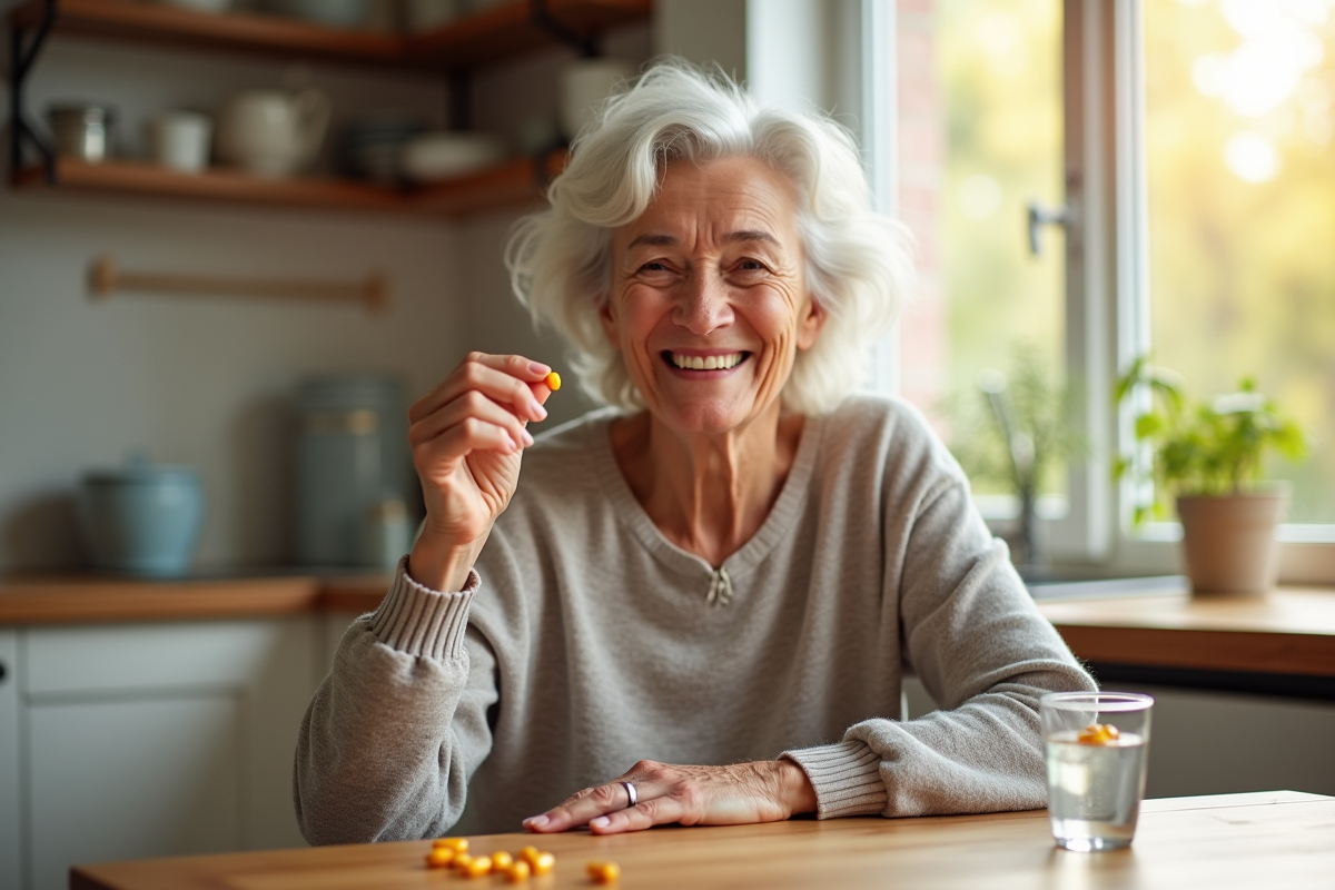 Femme senior souriante tenant une capsule de vitamine E à la cuisine