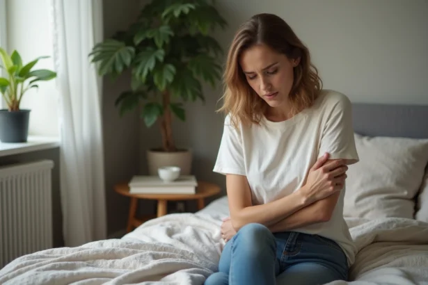 Femme en réflexion touchant son aisselle gauche dans une chambre cosy