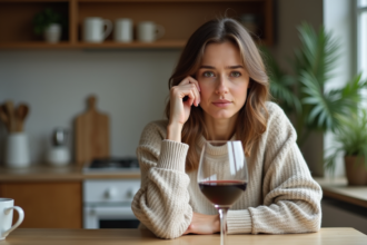 Femme pensant à une coupe de vin rouge dans la cuisine
