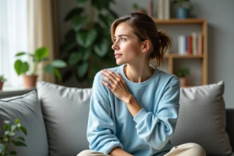 Femme préoccupée touchant son côté dans un salon lumineux