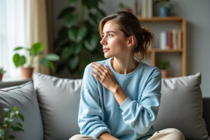 Femme préoccupée touchant son côté dans un salon lumineux
