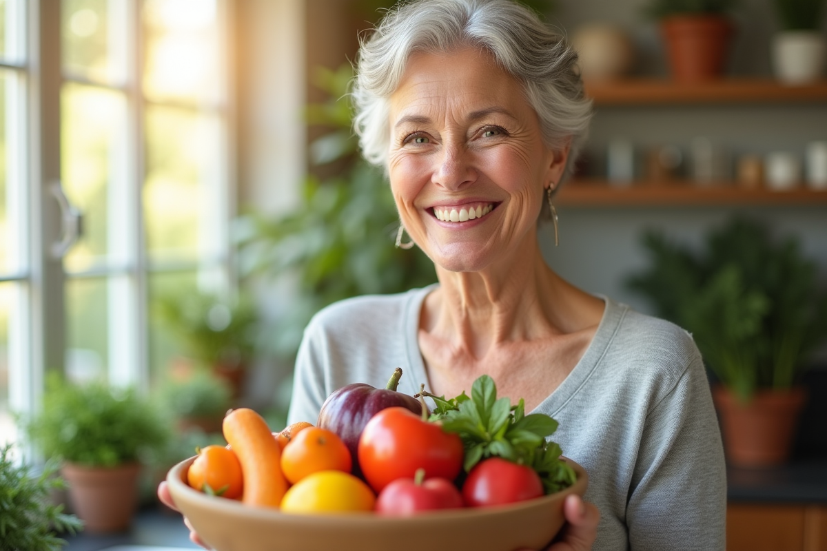 Femme souriante tenant un bol de fruits riches en vitamine A