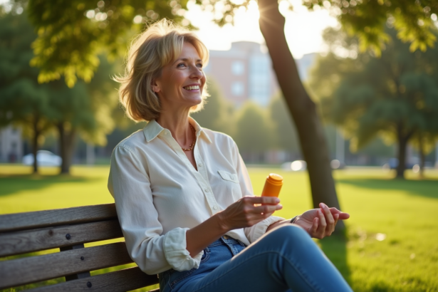 Femme souriante tenant une vitamine B dans un parc urbain