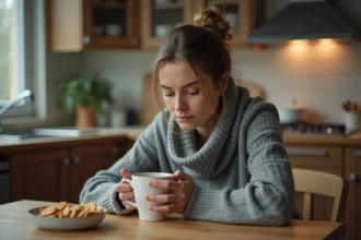 Femme stressée à la table de cuisine avec une tasse et des grignotages, illustrant le lien entre stress émotionnel et grignotage