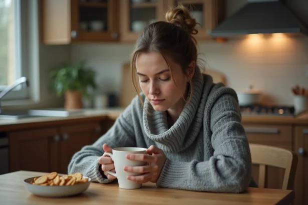 Femme stressée à la table de cuisine avec une tasse et des grignotages, illustrant le lien entre stress émotionnel et grignotage