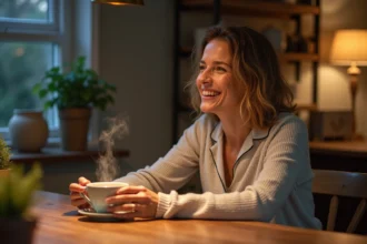 Femme détendue avec tasse de tisane au thym en soirée