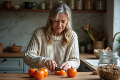 Femme en pull tranchant des persimmons dans une cuisine chaleureuse