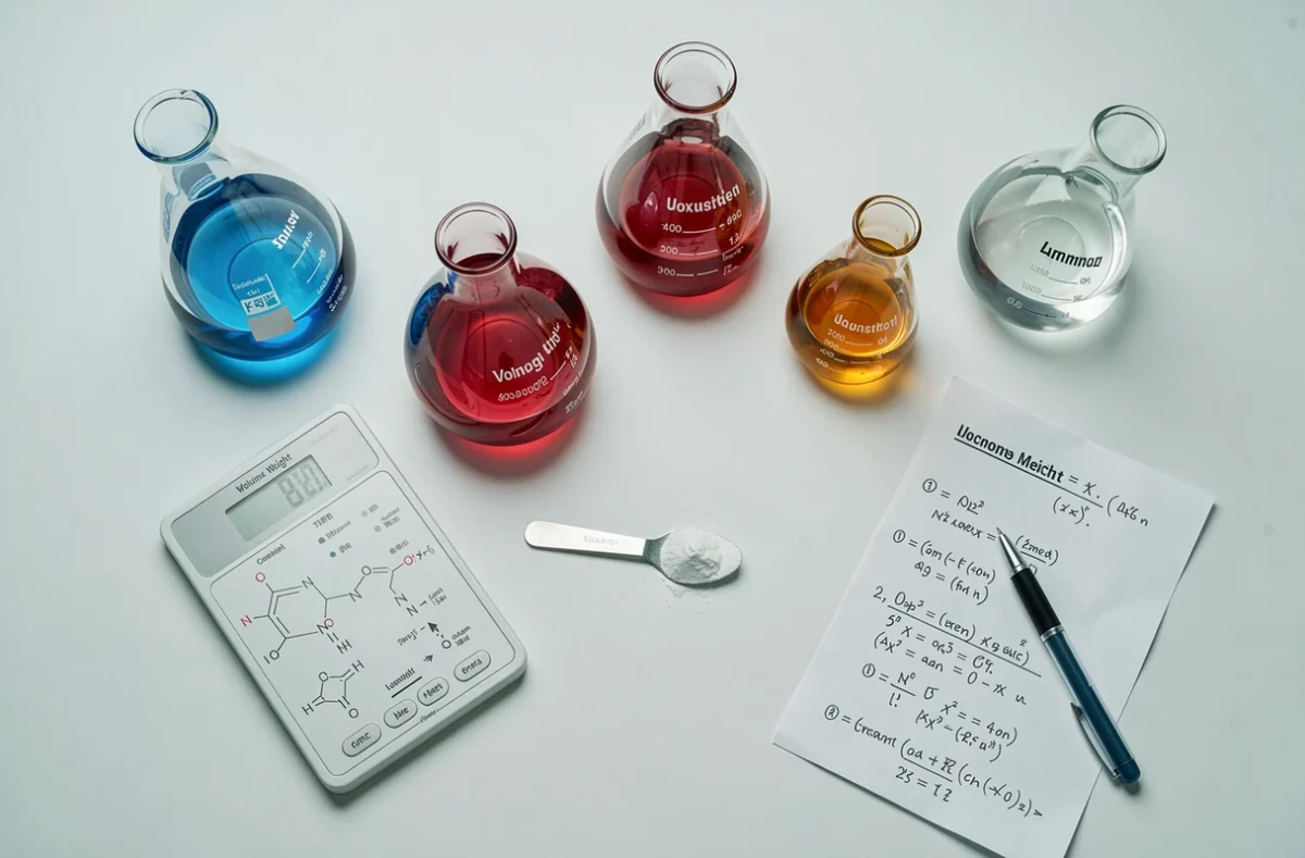 Vue de dessus d'un plan de travail de laboratoire avec des fioles volumétriques colorées et des calculs de concentration écrits à la main
