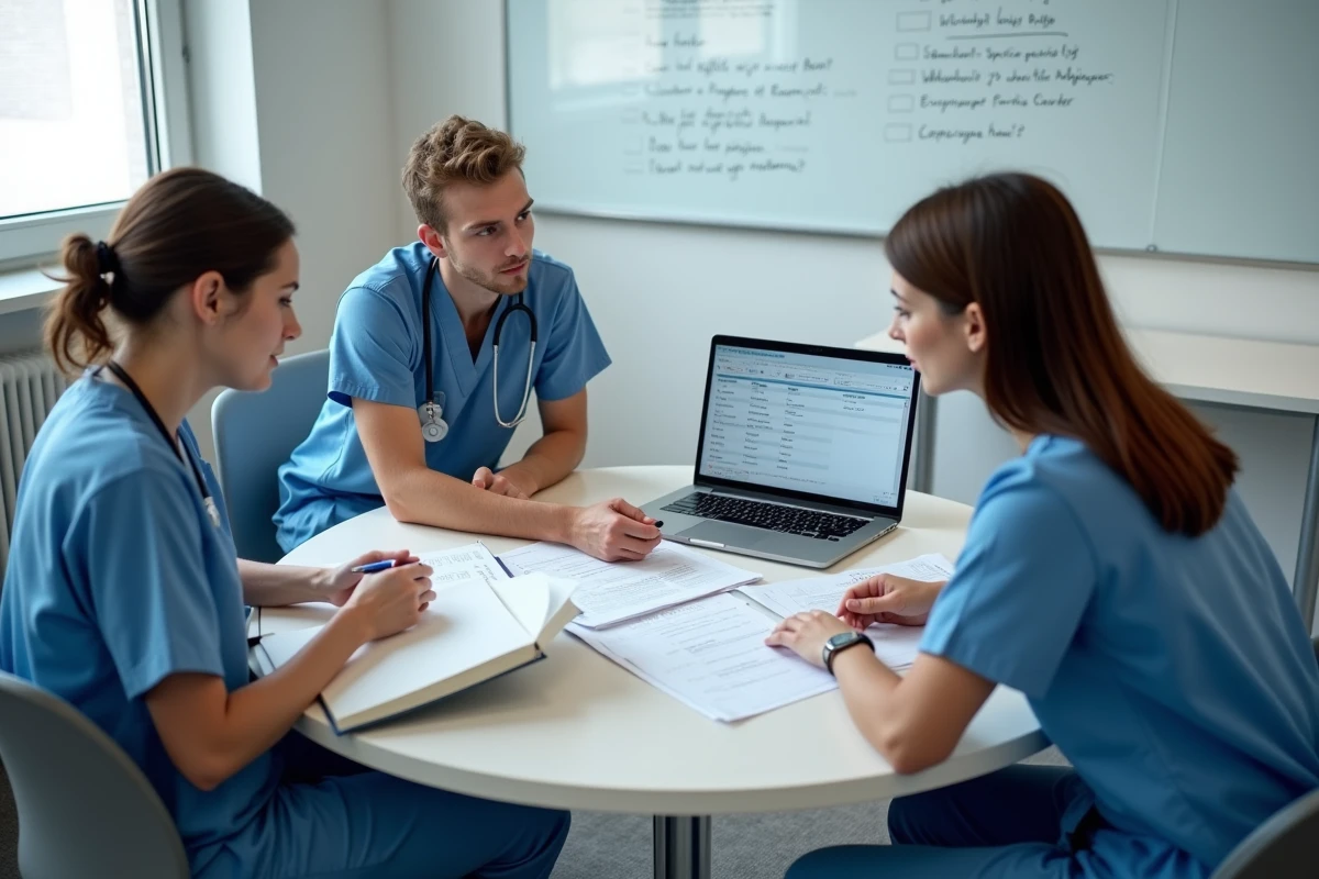 Groupe de soignants en formation étudiant la cotation Hamilton autour d'une table dans une salle de formation médicale