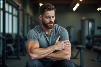Homme sportif assis sur un banc de musculation tenant son avant-bras avec une expression préoccupée après l'effort