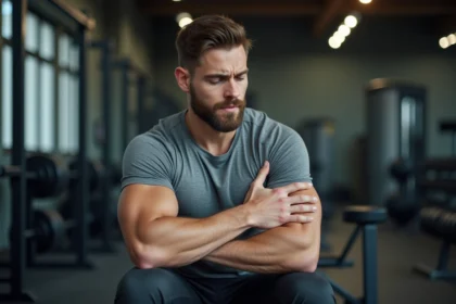 Homme sportif assis sur un banc de musculation tenant son avant-bras avec une expression préoccupée après l'effort