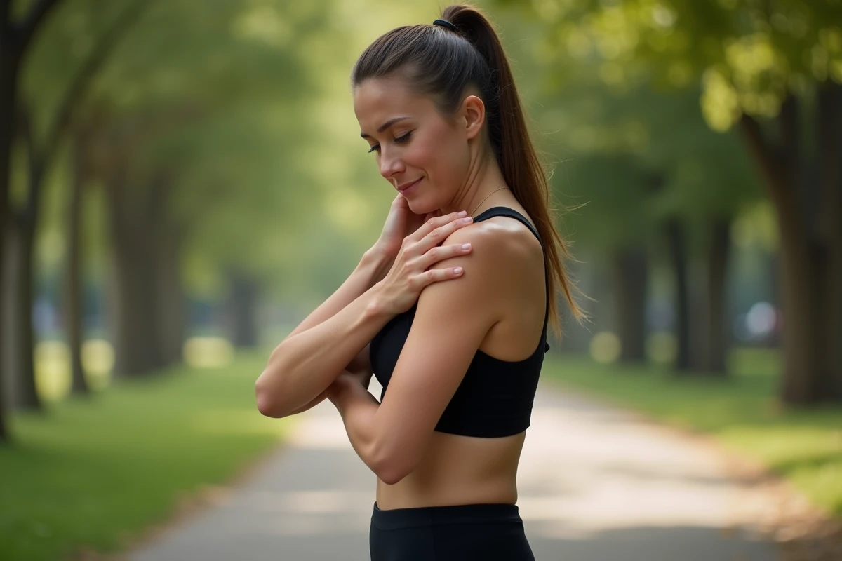 Femme athlétique massant son bras et son épaule après une course en plein air avec une expression de fatigue
