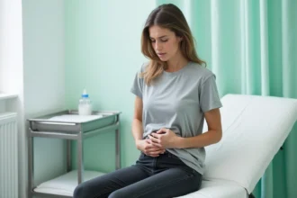 Femme adulte palpant ses ganglions inguinaux lors d'une consultation médicale en cabinet