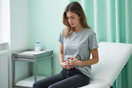 Femme adulte palpant ses ganglions inguinaux lors d'une consultation médicale en cabinet