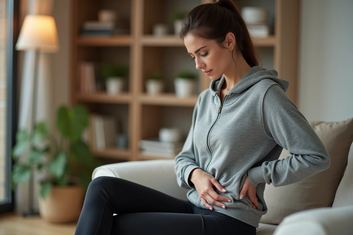 Jeune femme en tenue de sport inspectant une zone de ganglions inguinaux gonflés à domicile