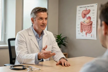 Gastro-entérologue expliquant la diverticulite à un patient dans son cabinet médical moderne