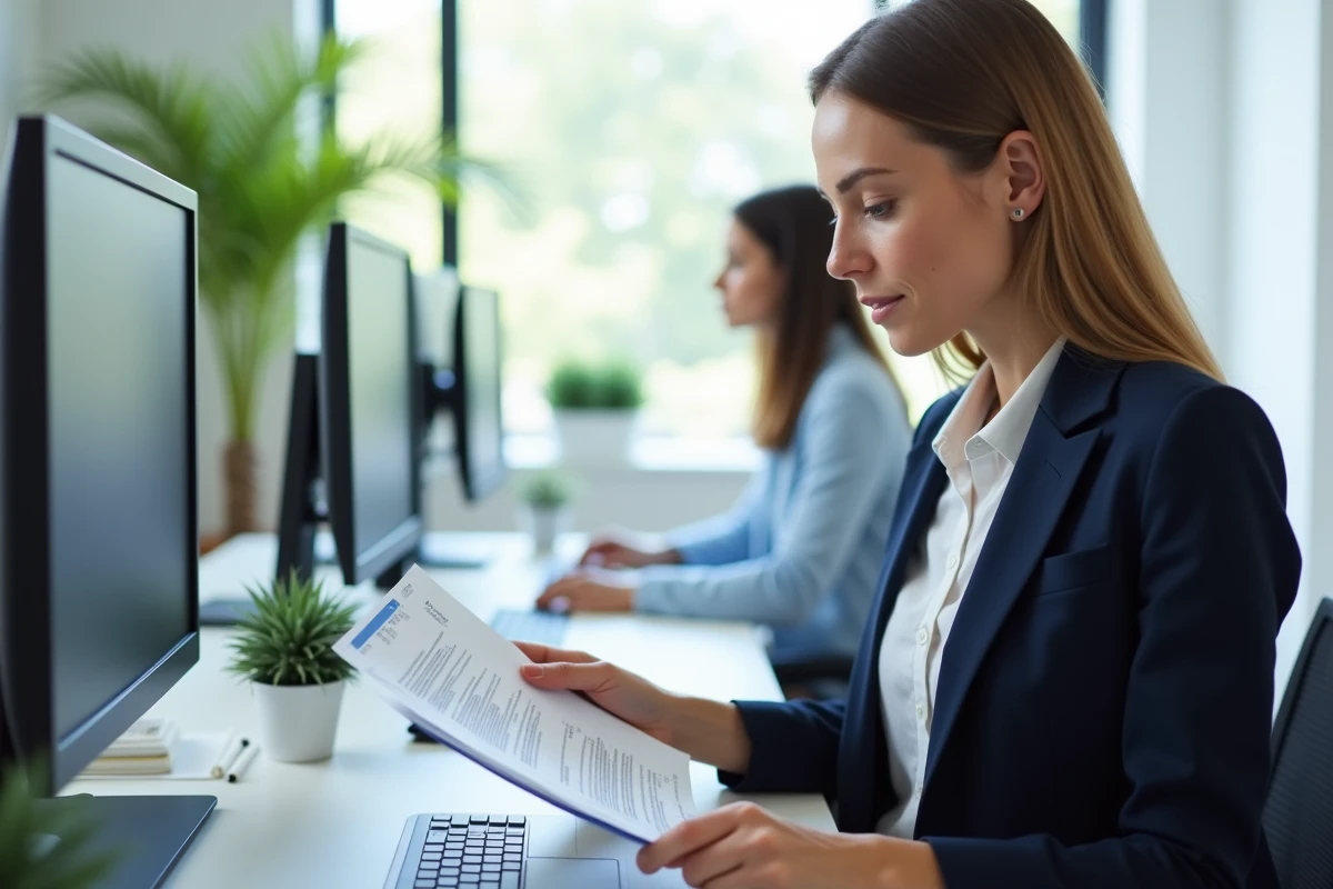 Gestionnaire administrative d'un cabinet de santé comparant des formulaires de prise en charge sur un poste informatique double écran