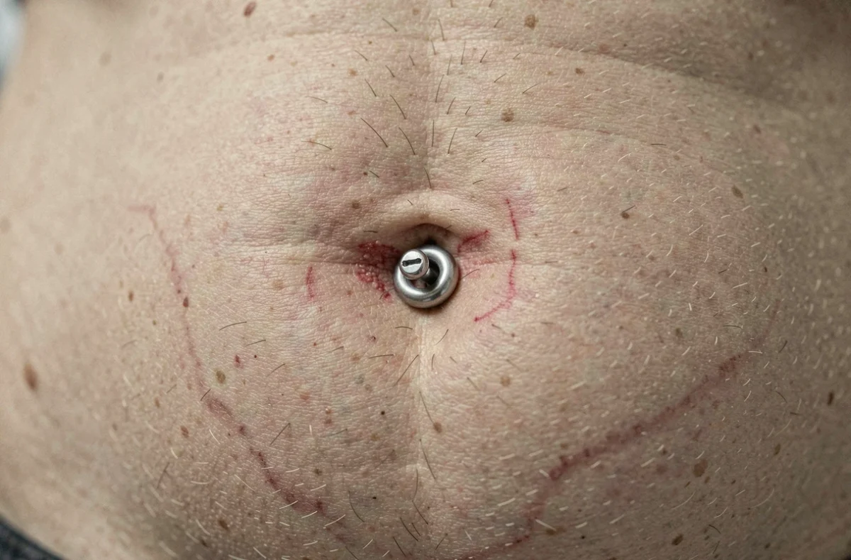 Gros plan sur un piercing au nombril en cours de rejet montrant une migration du bijou et une légère rougeur cutanée
