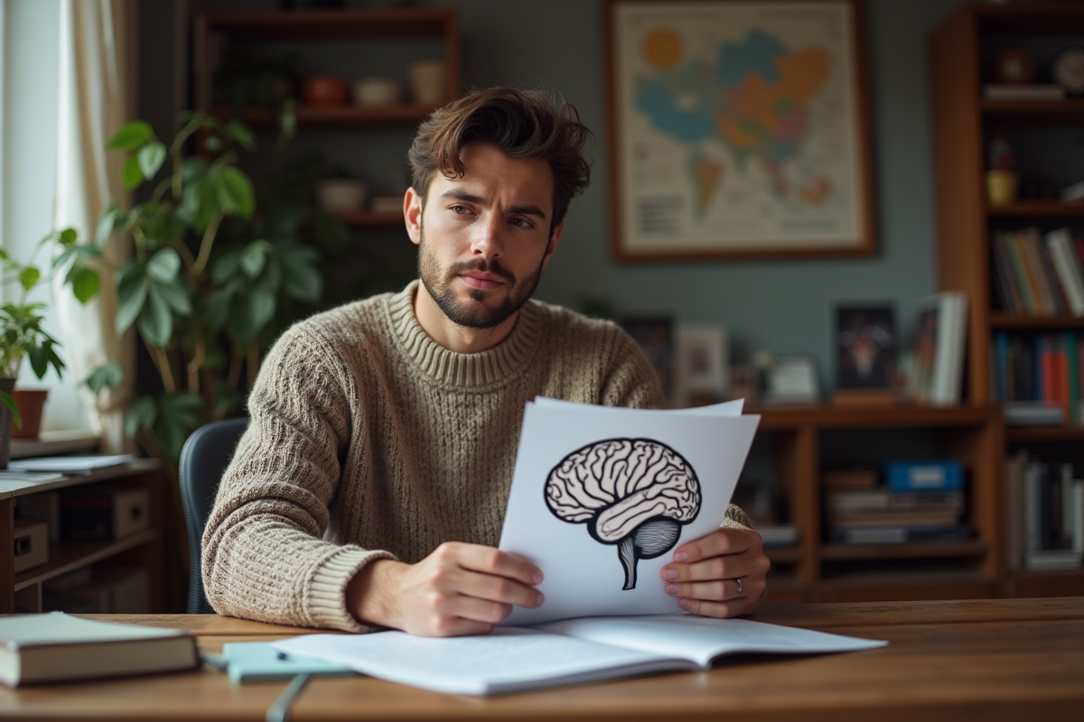Jeune homme étudiant un schéma de neuroscience dans un bureau