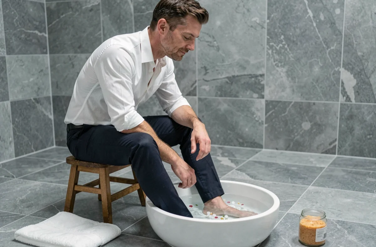 Homme trempant ses pieds dans un bain de sel pour soulager les brûlures plantaires après une longue journée