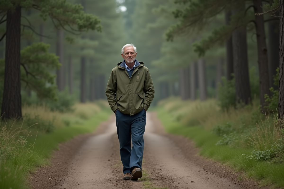 Homme marche dans la forêt en pleine nature calme