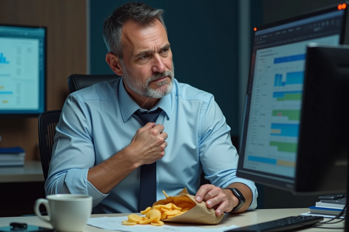 Homme en costume au bureau mangeant des chips par stress, représentant le grignotage émotionnel lié au travail