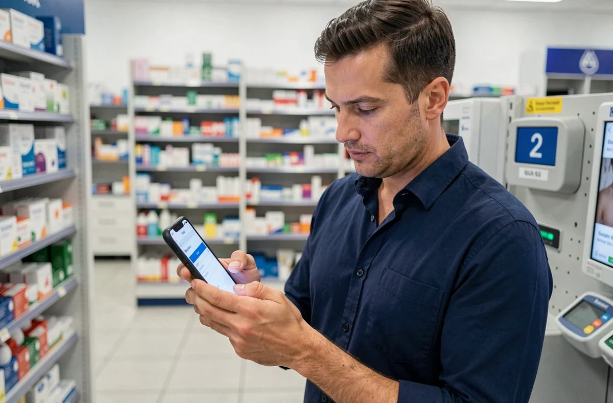 Homme consultant son espace personnel Ociane Matmut sur smartphone dans une pharmacie