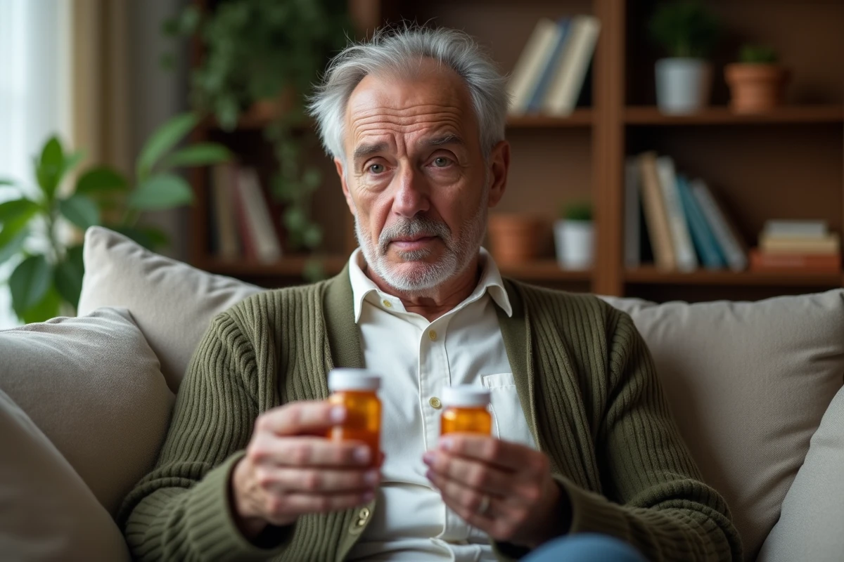 Homme réfléchissant avec deux bouteilles de médicaments